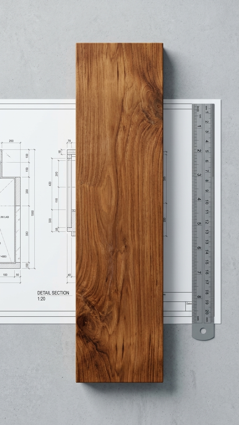 Kerala teak specification board with architectural drawings and steel rule — Grainarch timber supply for architects, joiners and marine builders
